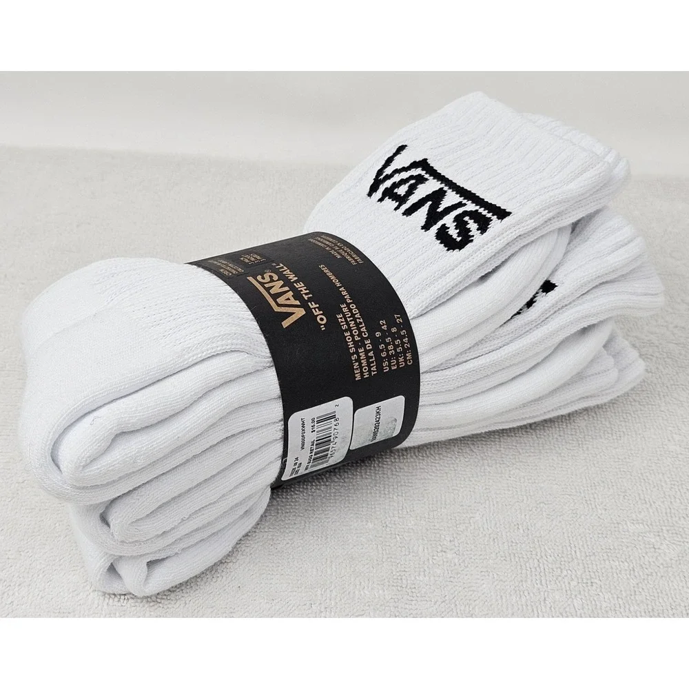 Vans Classic Crew Socks, 3-Pack, Men's Size 6.5-9, White, Off The Wall, NEW